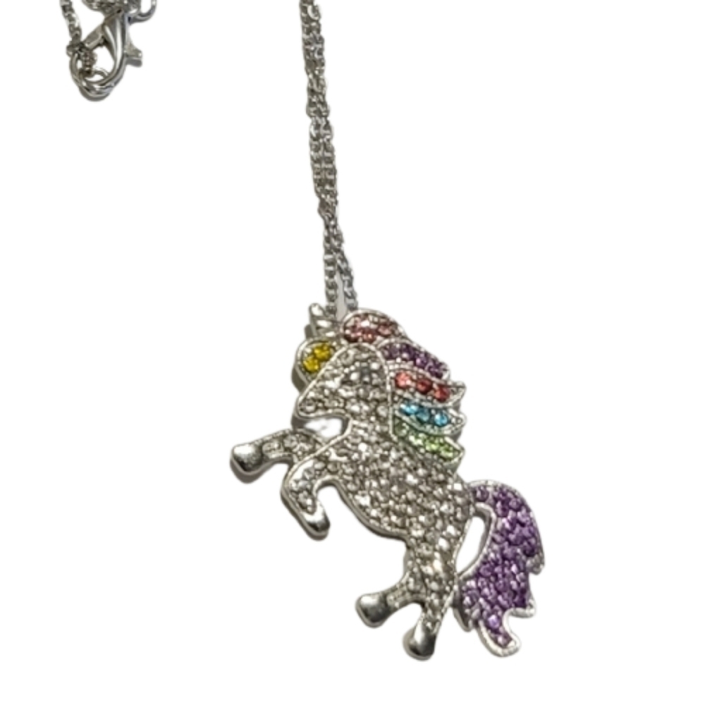 Unicorn necklace rhinestones pastel colors pendant and chain